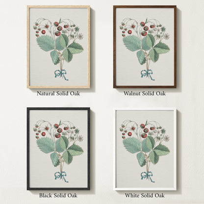 Framed vintage strawberry botanical art print featuring ripe red berries, green leaves, and delicate white blossoms tied with a teal ribbon.
