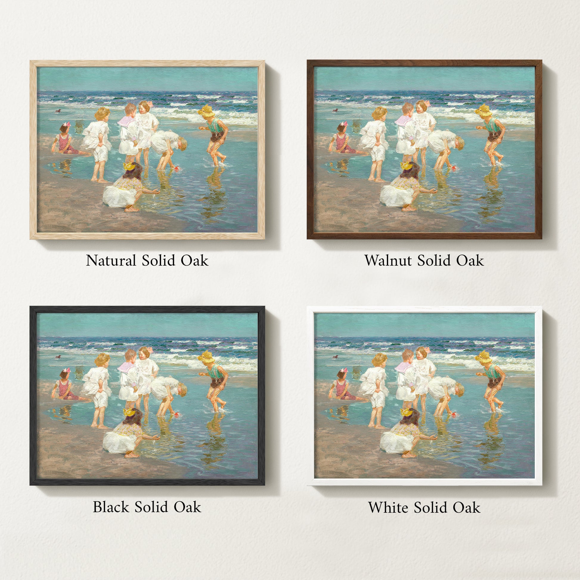 Framed vintage kids beach scene art print featuring children in white clothing playing by the shore with waves in the background.