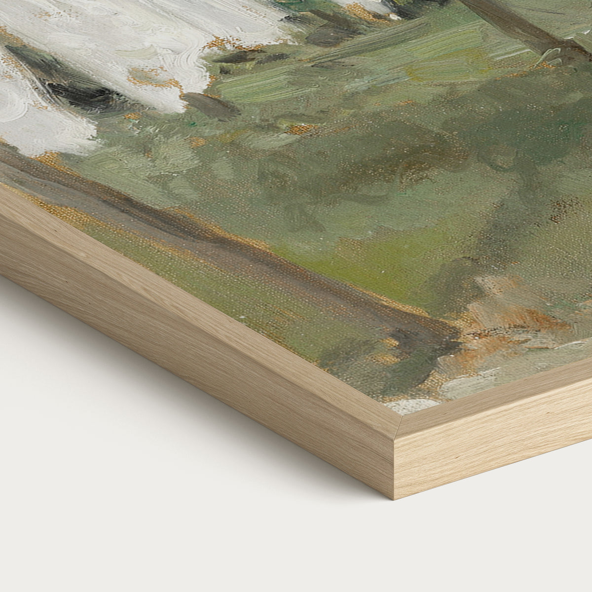 Close-up of a handcrafted solid wood picture frame showcasing premium craftsmanship and gallery-quality construction for framed vintage wall art.