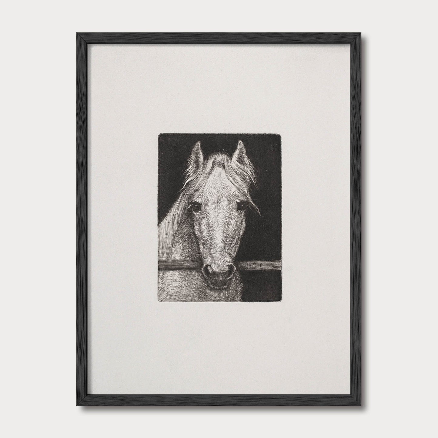 Framed black and white horse portrait sketch in a black solid oak frame by Avery Home