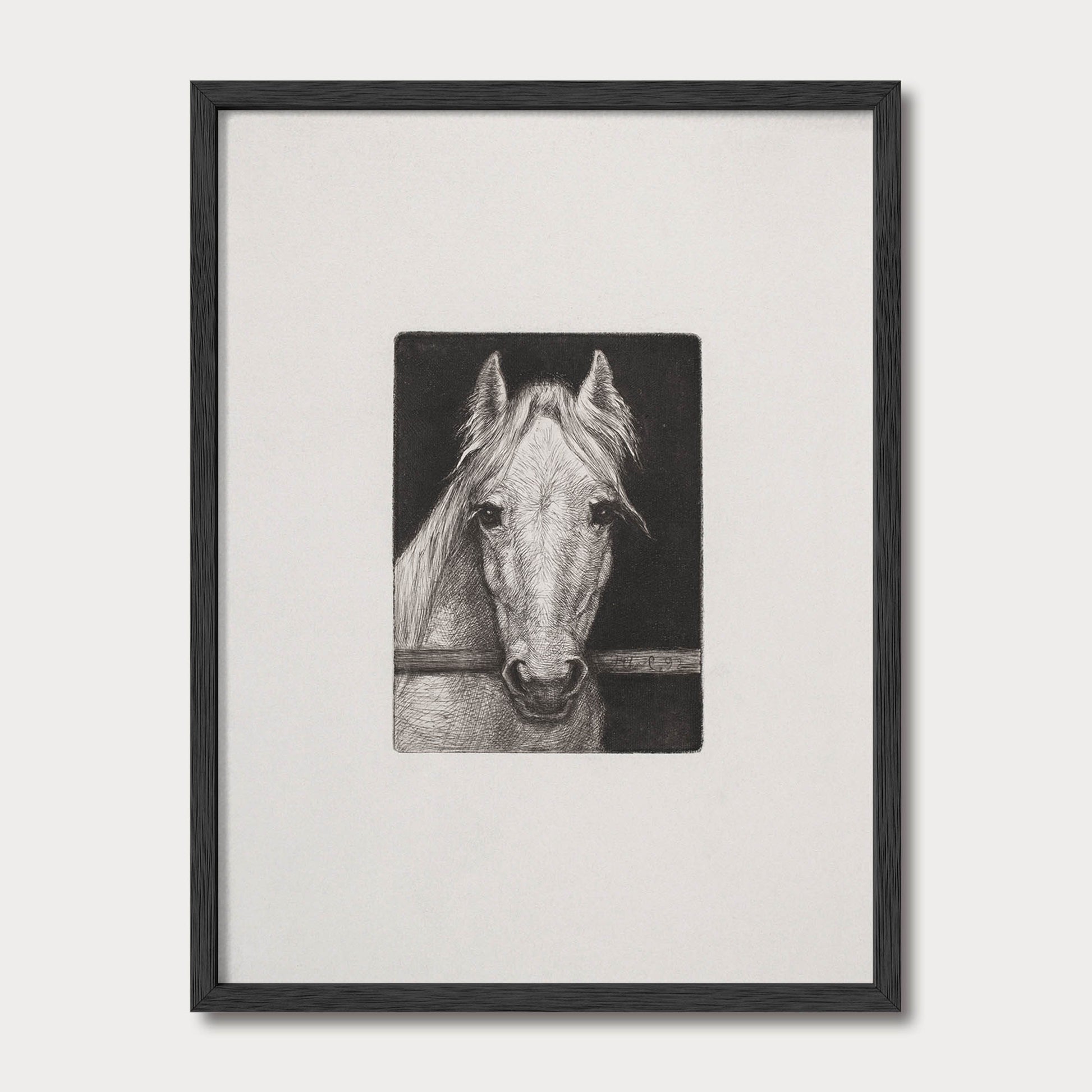 Framed black and white horse portrait sketch in a black solid oak frame by Avery Home