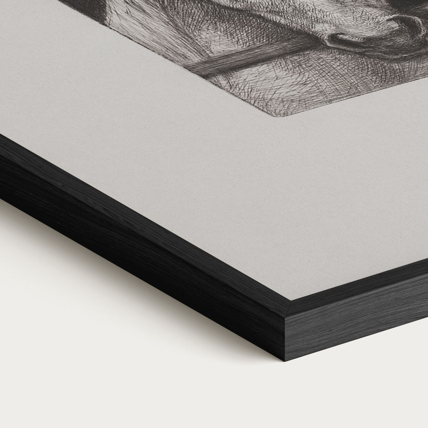 Close-up of the black solid oak frame and detailed horse sketch print