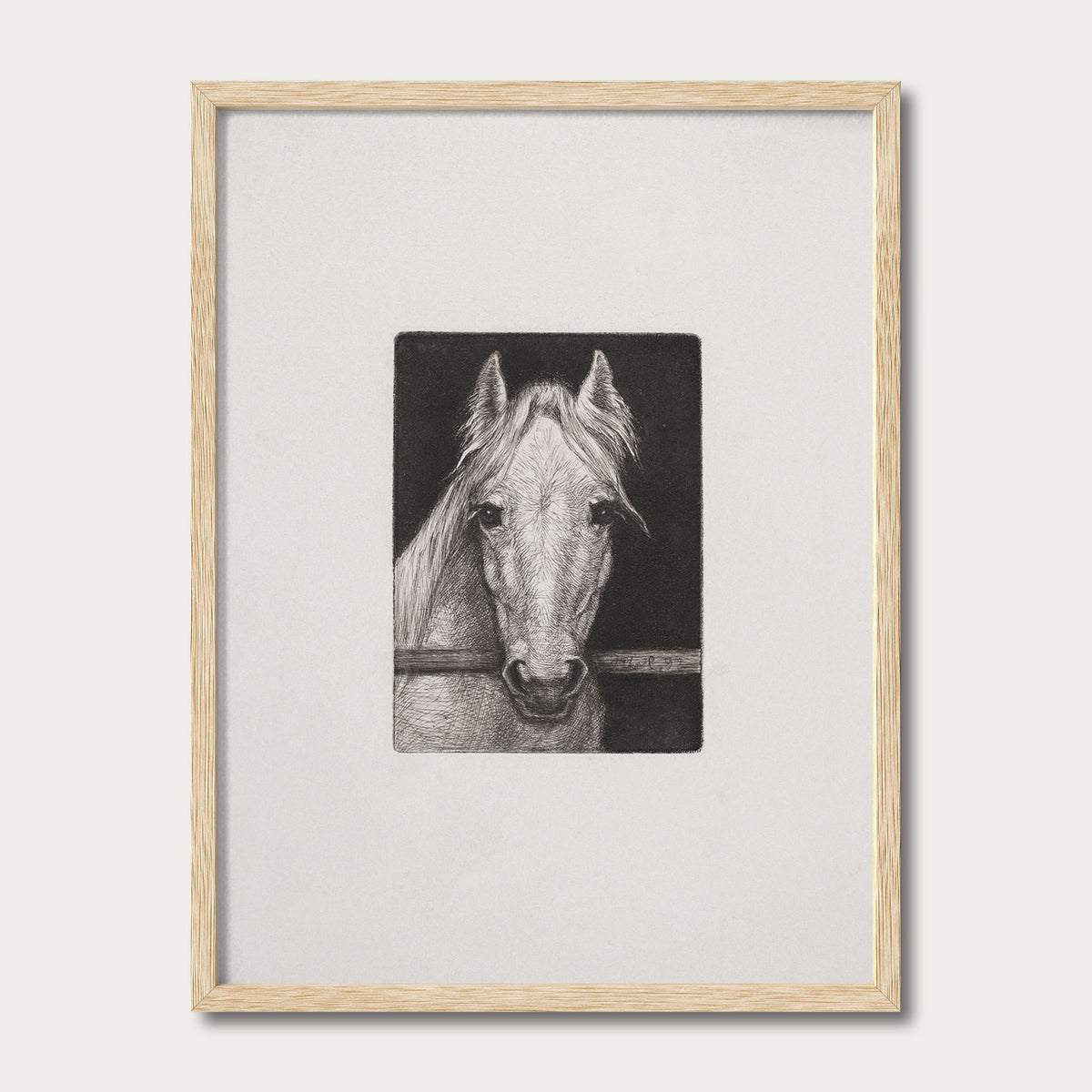 Black and white horse sketch framed in natural solid oak with a wide white mat