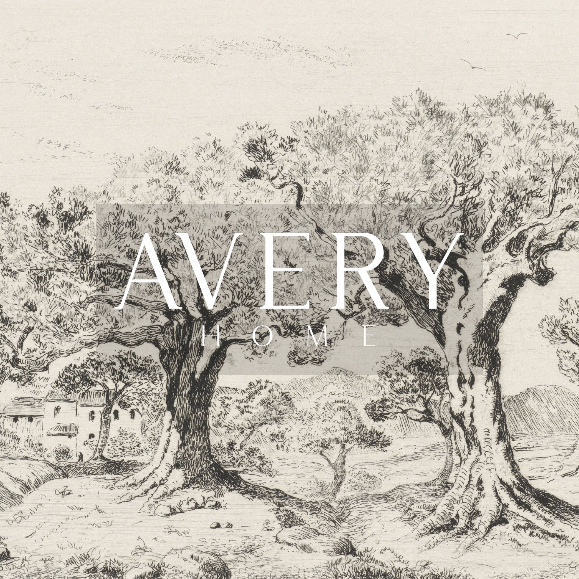 Zoomed in olive branch drawing detail and 'Avery Home' logo