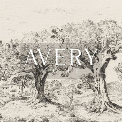 Zoomed in olive branch drawing detail and 'Avery Home' logo