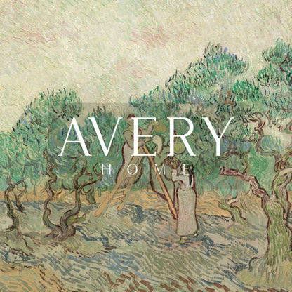 Zoomed in olive branch drawing detail and 'Avery Home' logo