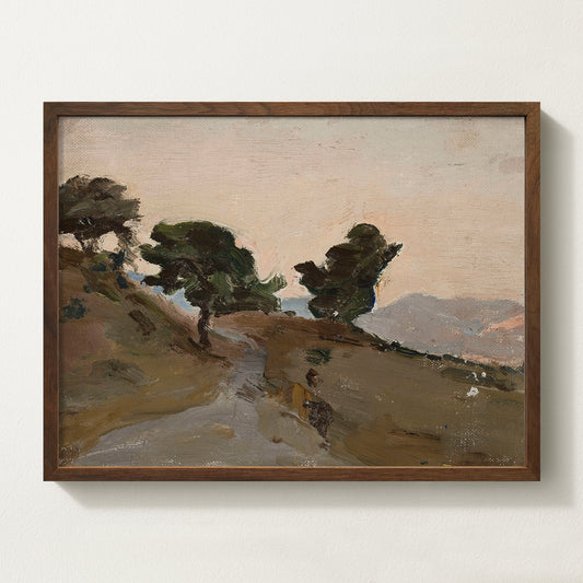 Mediterranean hillside landscape art print featuring windswept trees and a sunlit path, framed in solid walnut wood — vintage-inspired wall art by Avery Home.