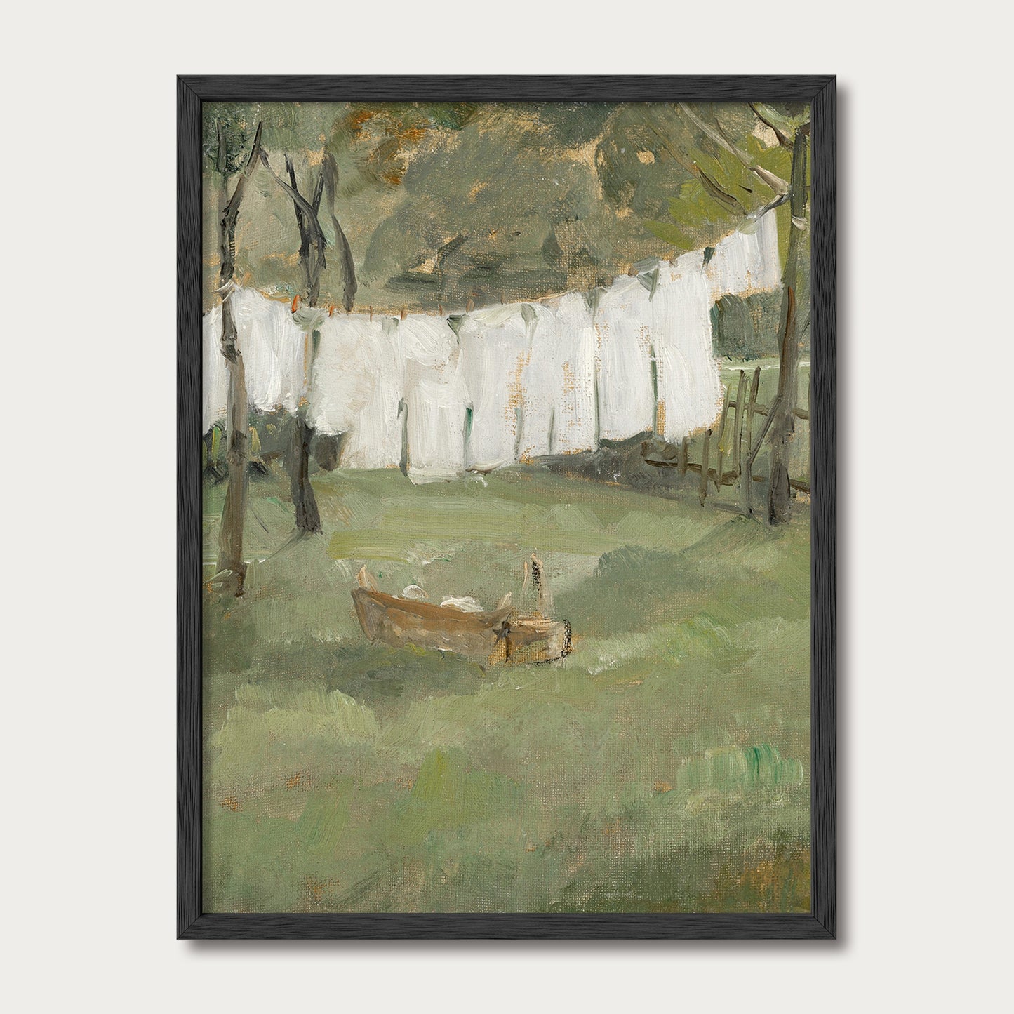 Vintage countryside laundry line wall art in a black solid wood frame for modern farmhouse, rustic, cottage, and traditional home decor.