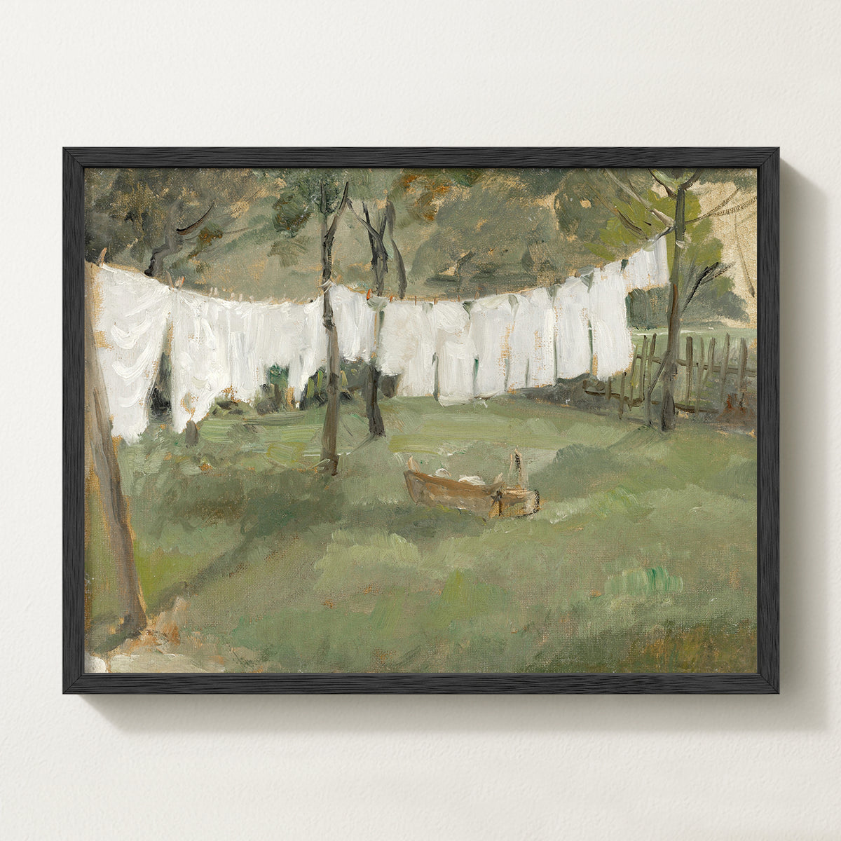 Vintage countryside laundry line wall art in a black solid wood frame for modern farmhouse, rustic, cottage, and French country home decor.