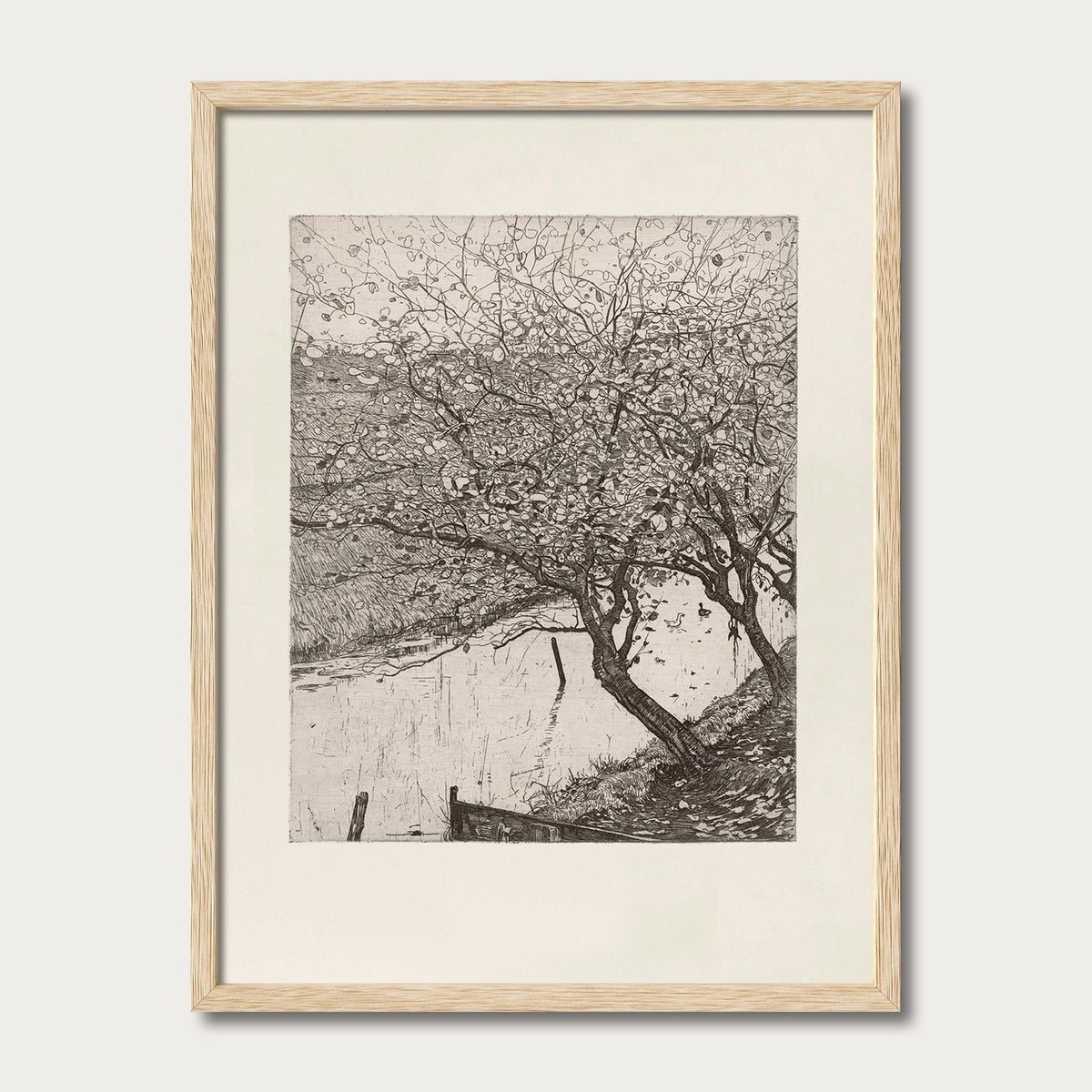 Vintage apple tree art print in a natural oak frame, suitable for rustic cottage interiors and French country decor.