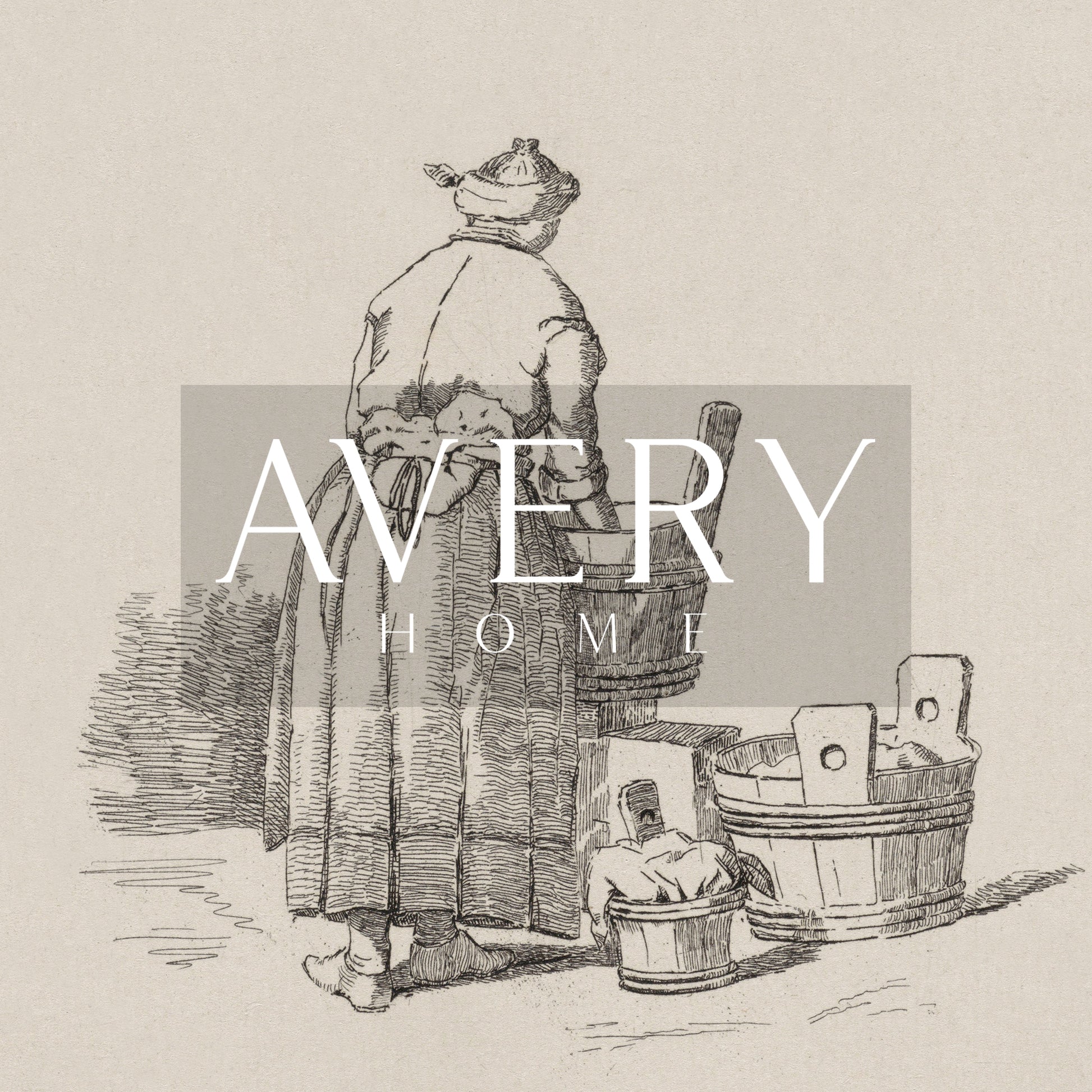 Framed vintage laundry sketch art print depicting a woman standing at wooden wash tubs in traditional attire.