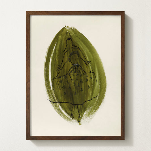1949 olive green fashion sketch art print — vintage couture illustration for elegant wall art and refined home interiors