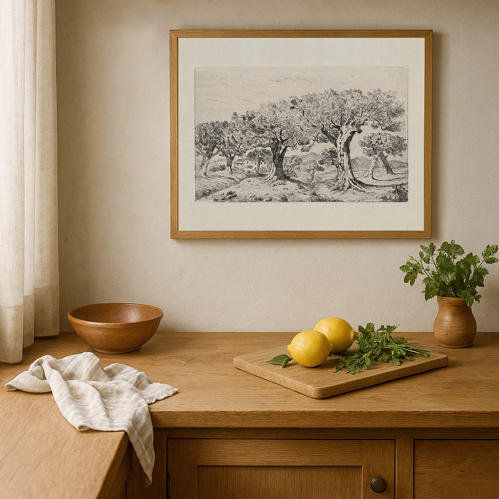Kitchen setting with a vintage botanical olive print in walnut solid oak frame.