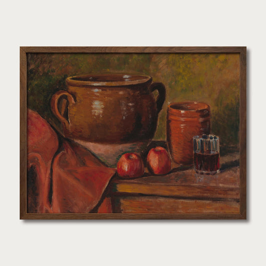 Rustic kitchen still life wall art featuring a brown earthenware pot, red apples, terracotta pottery and wine in a walnut oak wood frame.