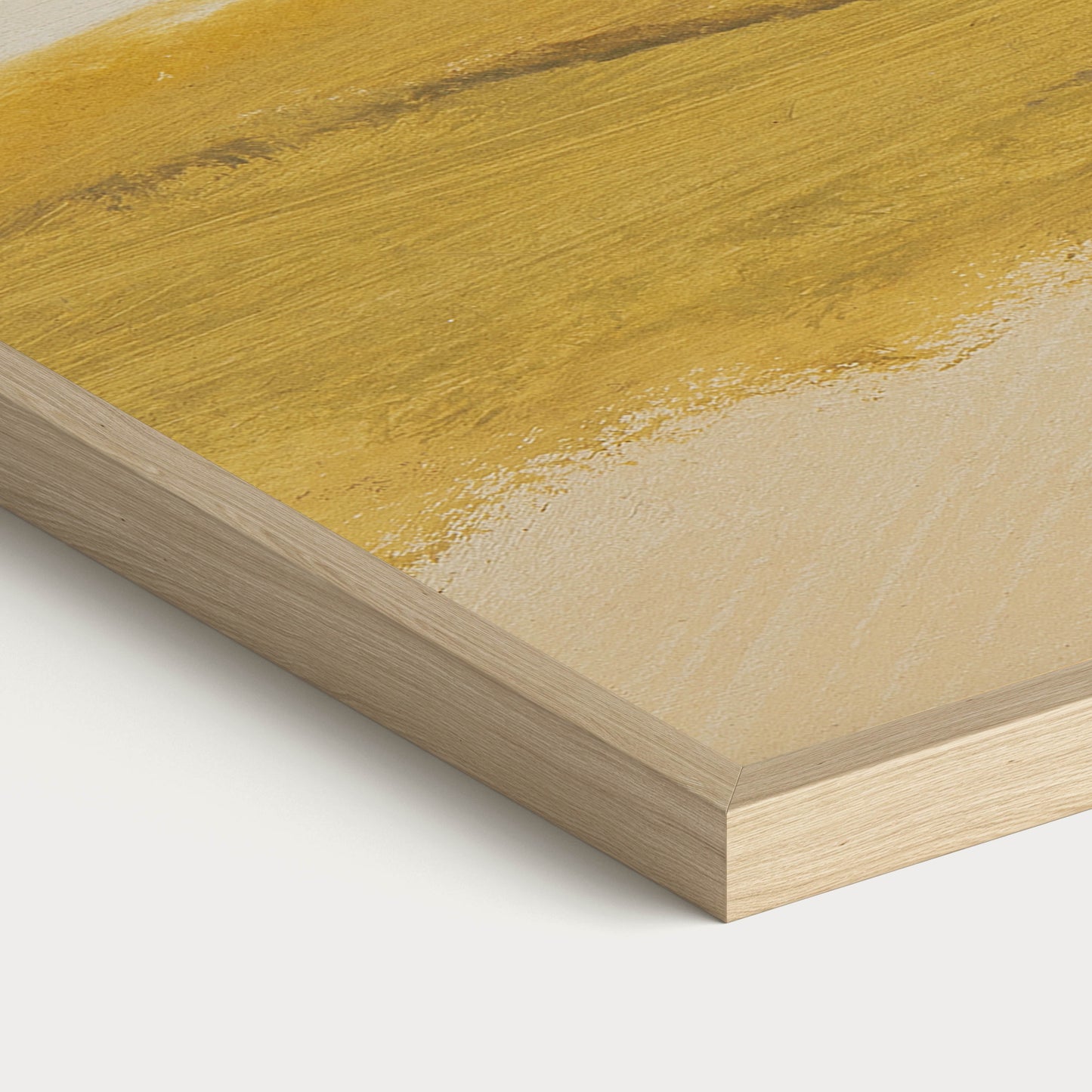 Close-up of a handcrafted solid wood picture frame corner showcasing premium craftsmanship and a framed vintage landscape print, available in natural oak, walnut, black, and white finishes.