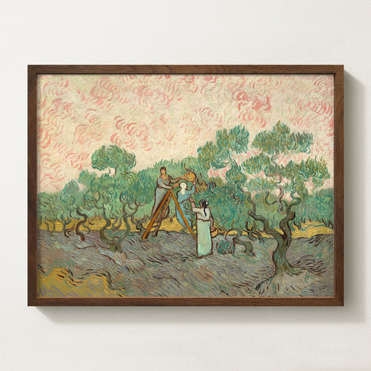 Van Gogh olive picking print featuring women harvesting olives under swirling pink skies – vintage wall art reproduction for living room or kitchen decor