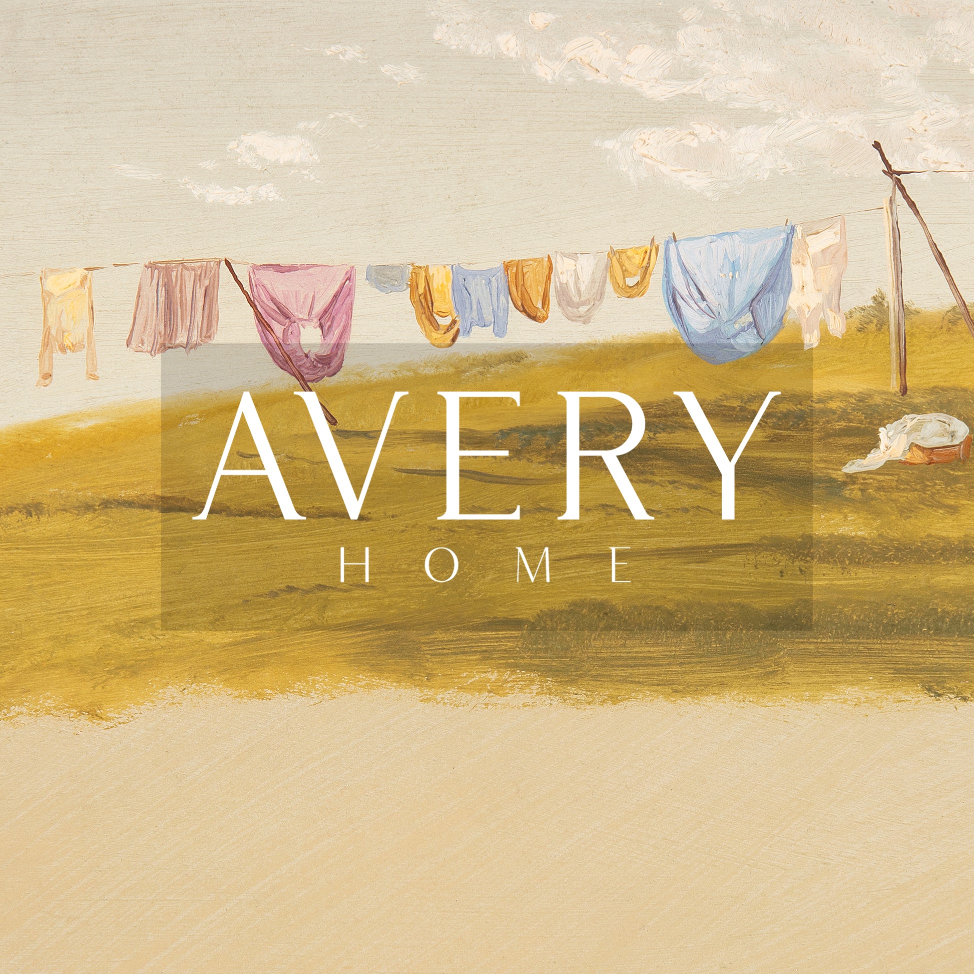 Vintage countryside landscape print featuring colorful laundry drying on a clothesline across an open field, perfect for farmhouse laundry room wall decor and French country homes.