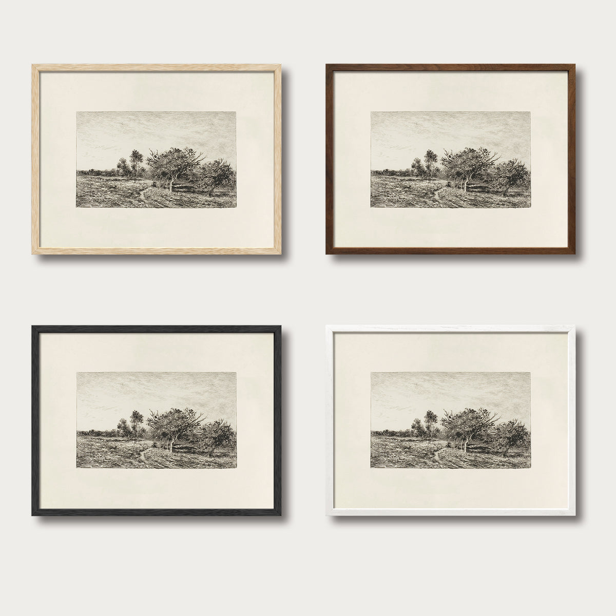 Vintage black-and-white countryside landscape etching shown in four oak frame finishes, suitable for traditional and farmhouse gallery walls.