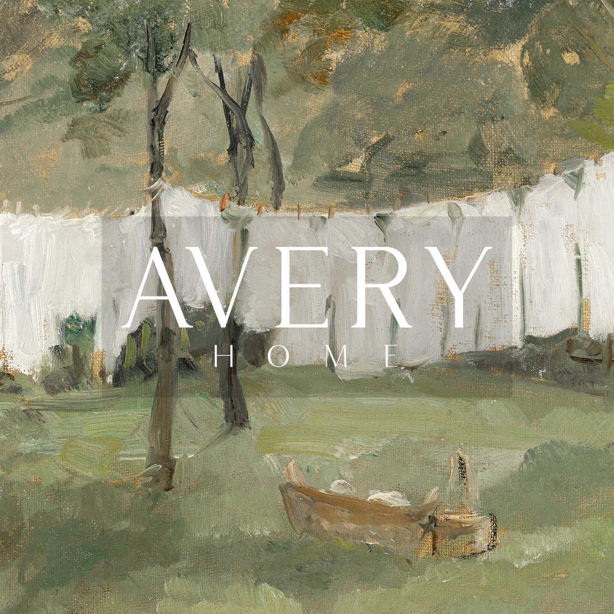 Vintage countryside landscape featuring fresh laundry hanging on a clothesline beneath tall trees, perfect for farmhouse laundry room wall decor, cottage homes, and French country interiors.