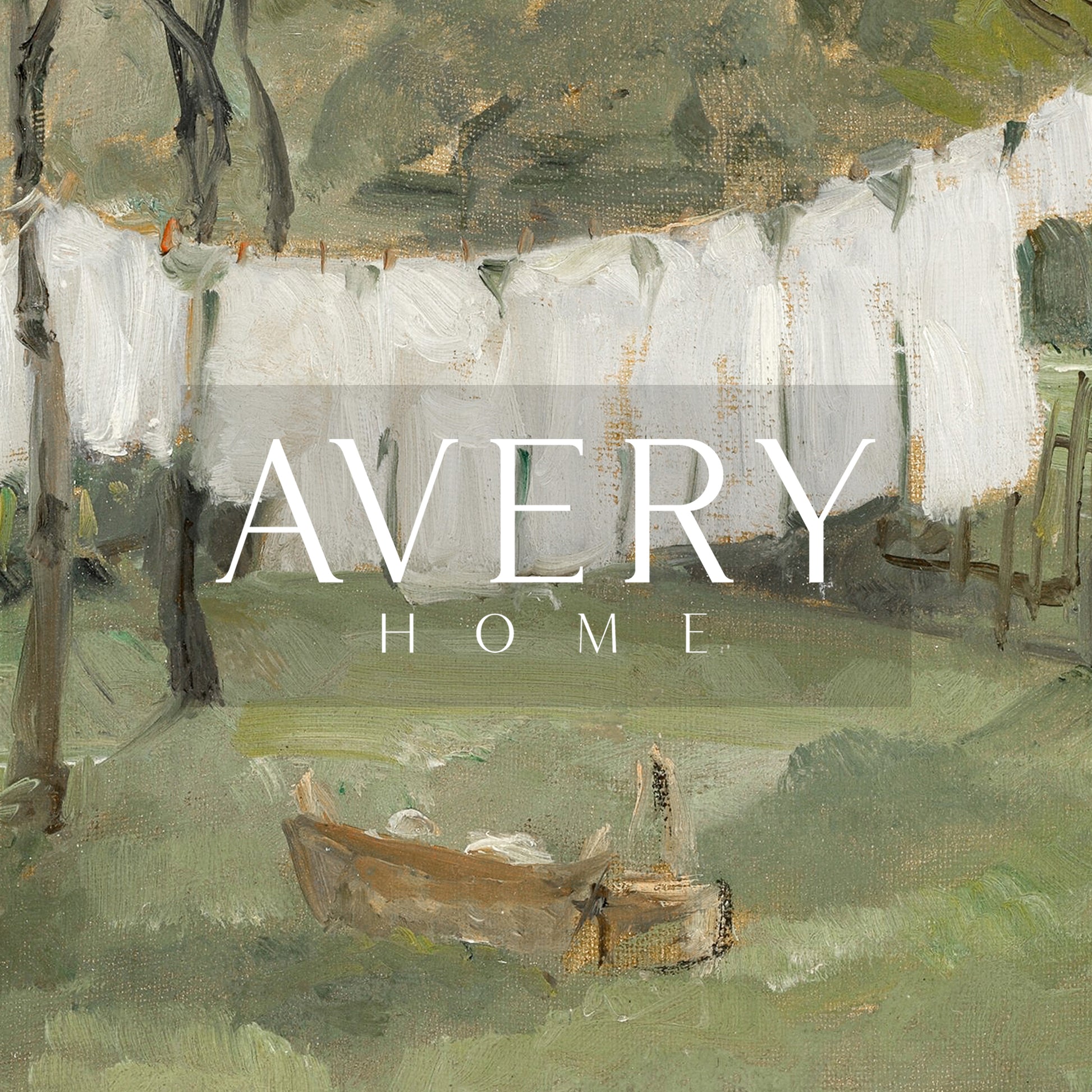 Vintage countryside landscape featuring white linens hanging on a clothesline beneath leafy trees, perfect for farmhouse laundry room wall decor, cottage homes, and French country interiors.