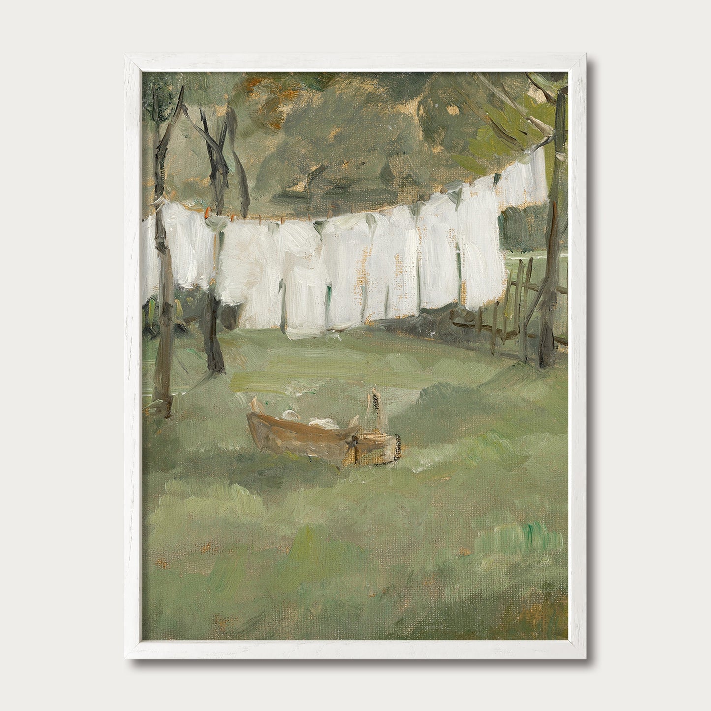 Vintage countryside wall art in a white solid wood frame featuring fresh laundry hanging on a clothesline, perfect for farmhouse laundry rooms, cottage homes, mudrooms, and French country decor.