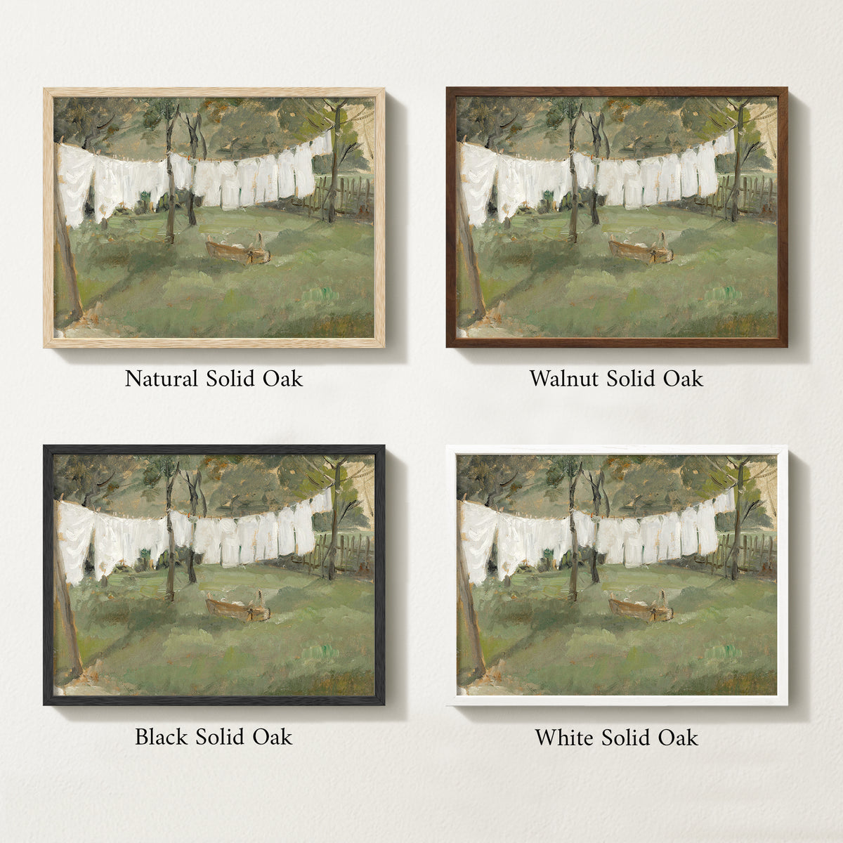 Vintage countryside wall art available in natural oak, walnut, black, and white handcrafted solid wood frames for farmhouse, cottage, rustic, and traditional interiors.