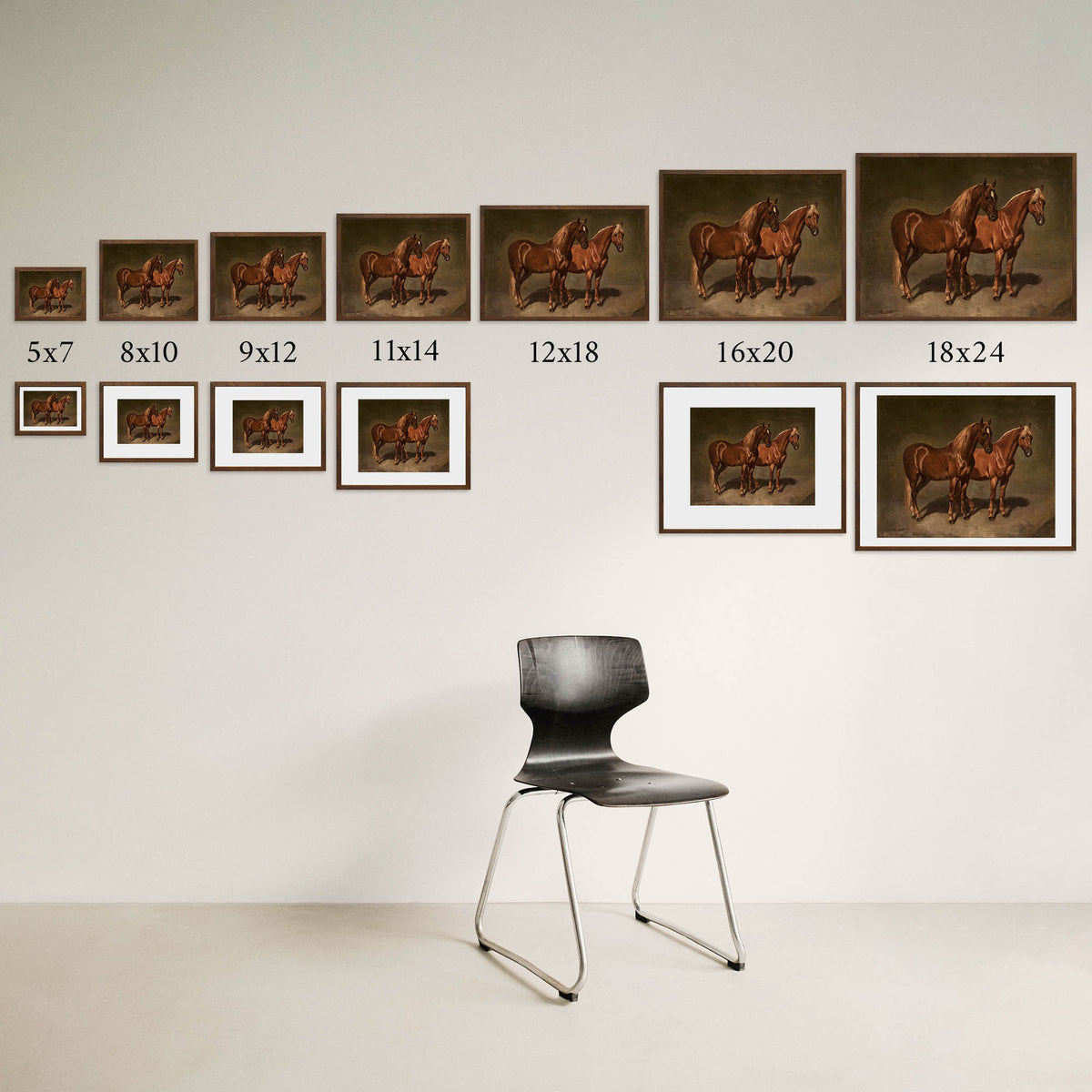 Size guide comparing framed vintage horse painting print sizes hung on a wall, Avery Home