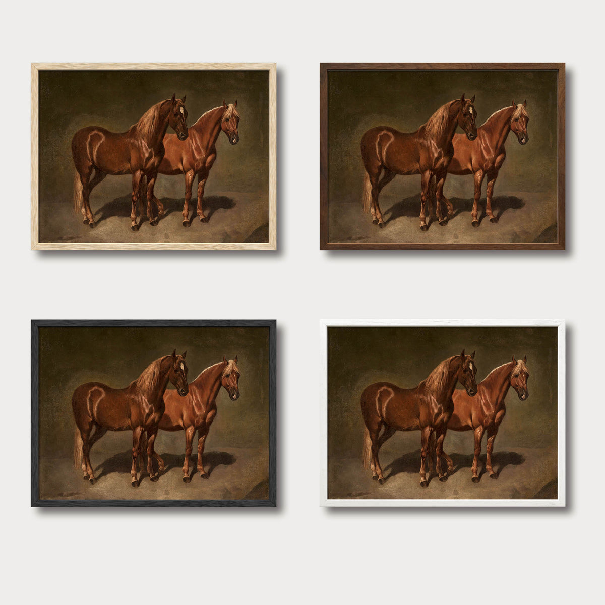Four solid oak frame finishes for the vintage horses oil painting art print, Avery Home