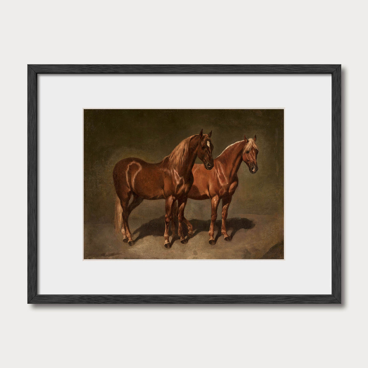 Matted vintage horses oil painting art print in a black solid oak frame with white mat, Avery Home