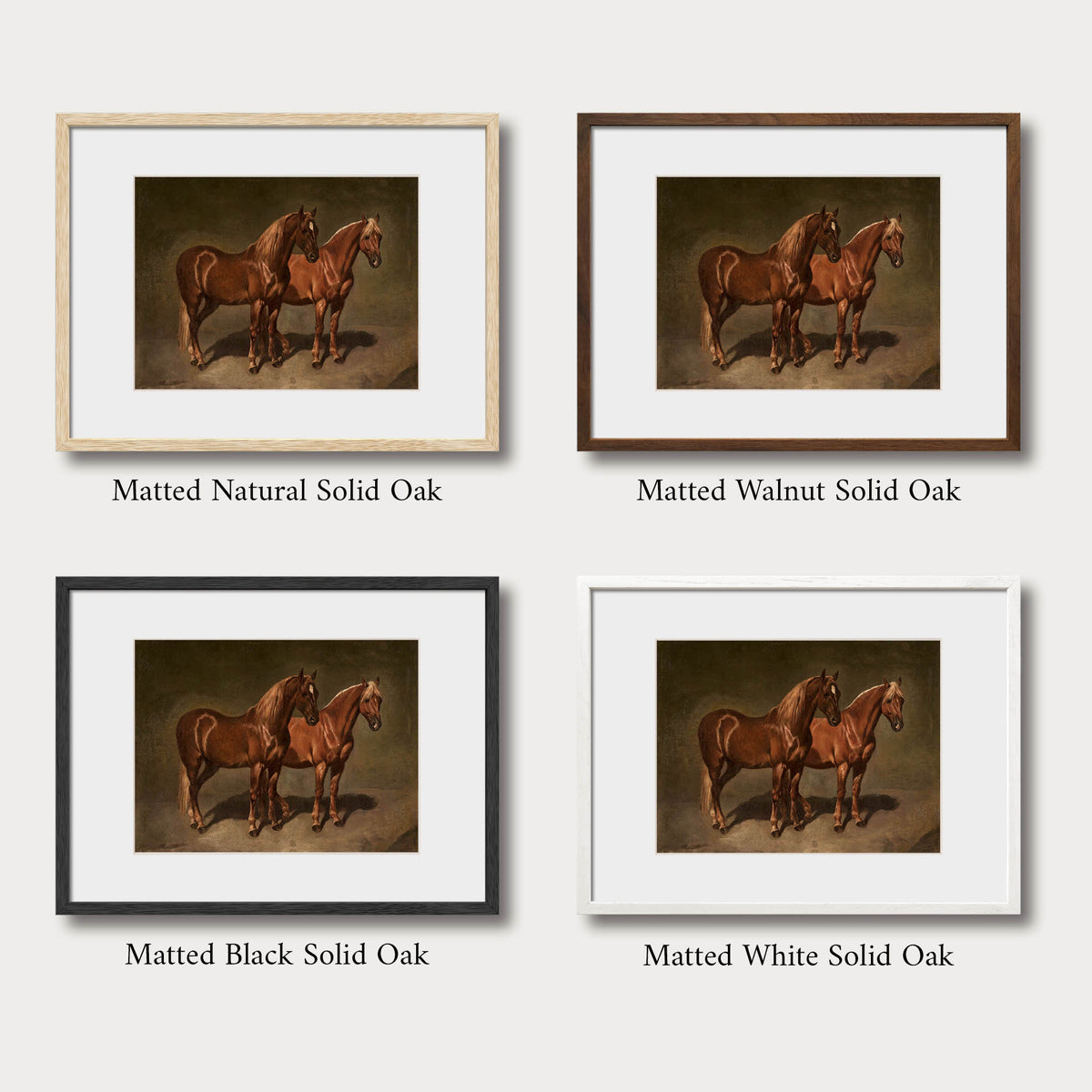 Four matted frame options for the vintage horses art print: natural, walnut, black and white solid oak, Avery Home