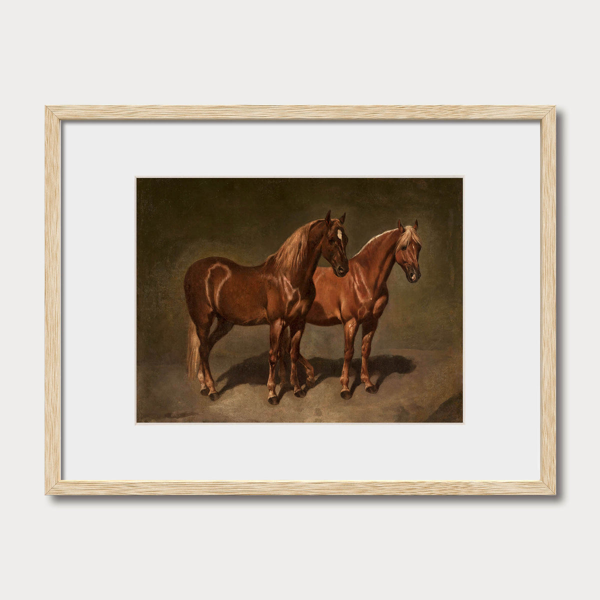 Matted vintage horses oil painting art print in a natural solid oak frame with white mat, Avery Home