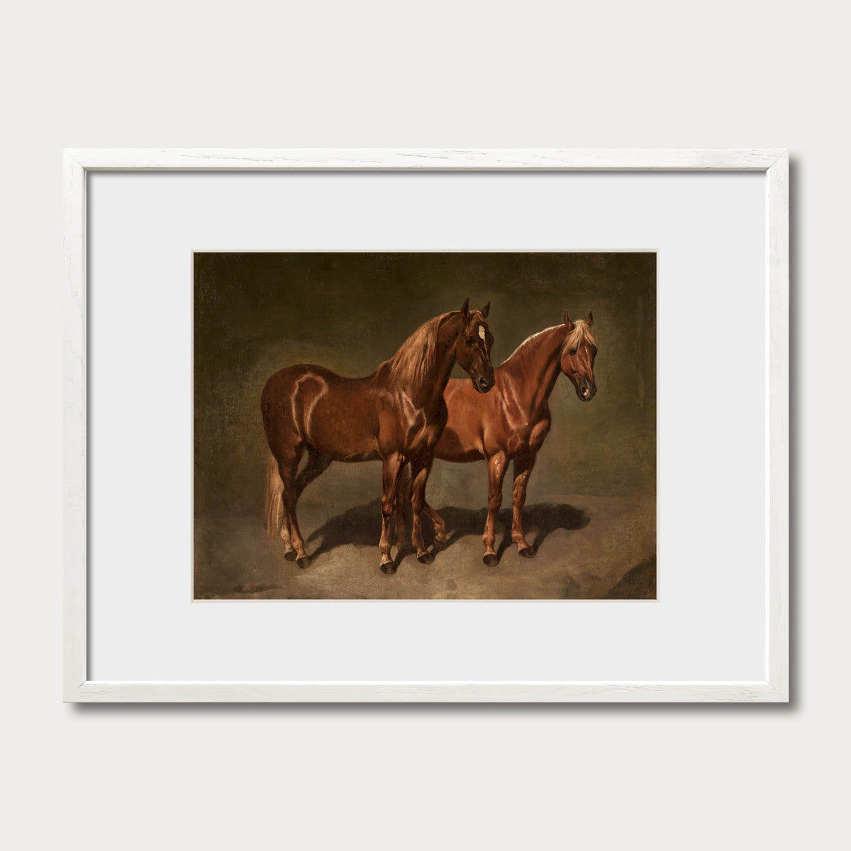 Matted vintage horses oil painting art print in a white solid oak frame with white mat, Avery Home