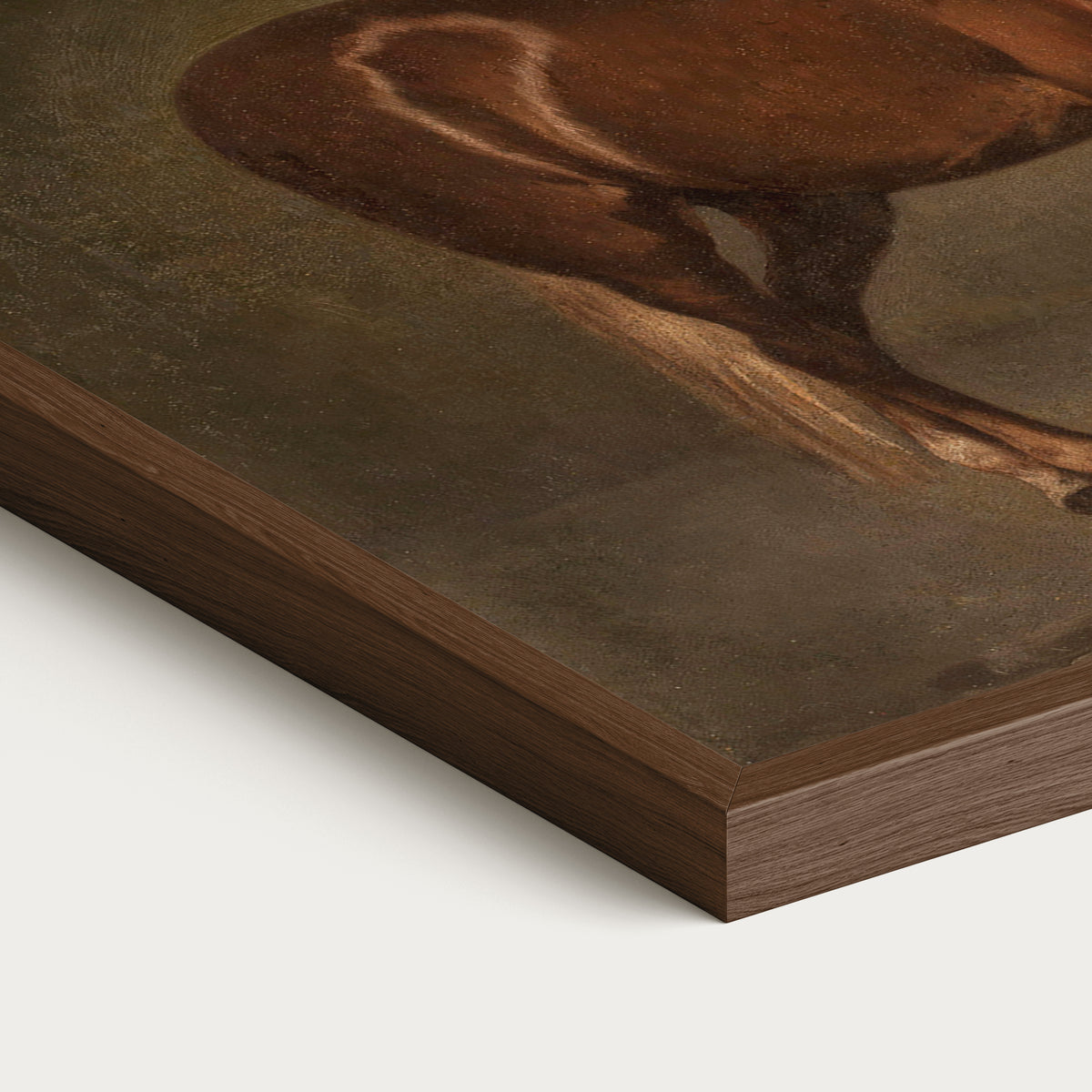 Close-up of a solid oak frame corner and the painted brushwork on a vintage horses art print, Avery Home