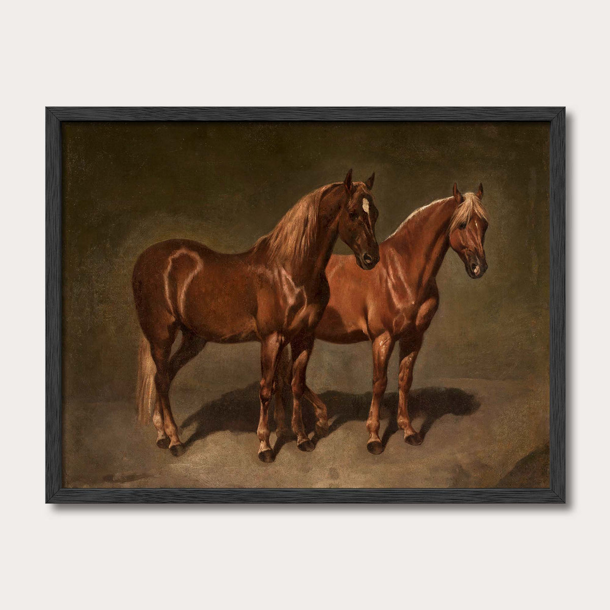 Vintage oil painting art print of two chestnut horses in a black solid oak frame, Avery Home