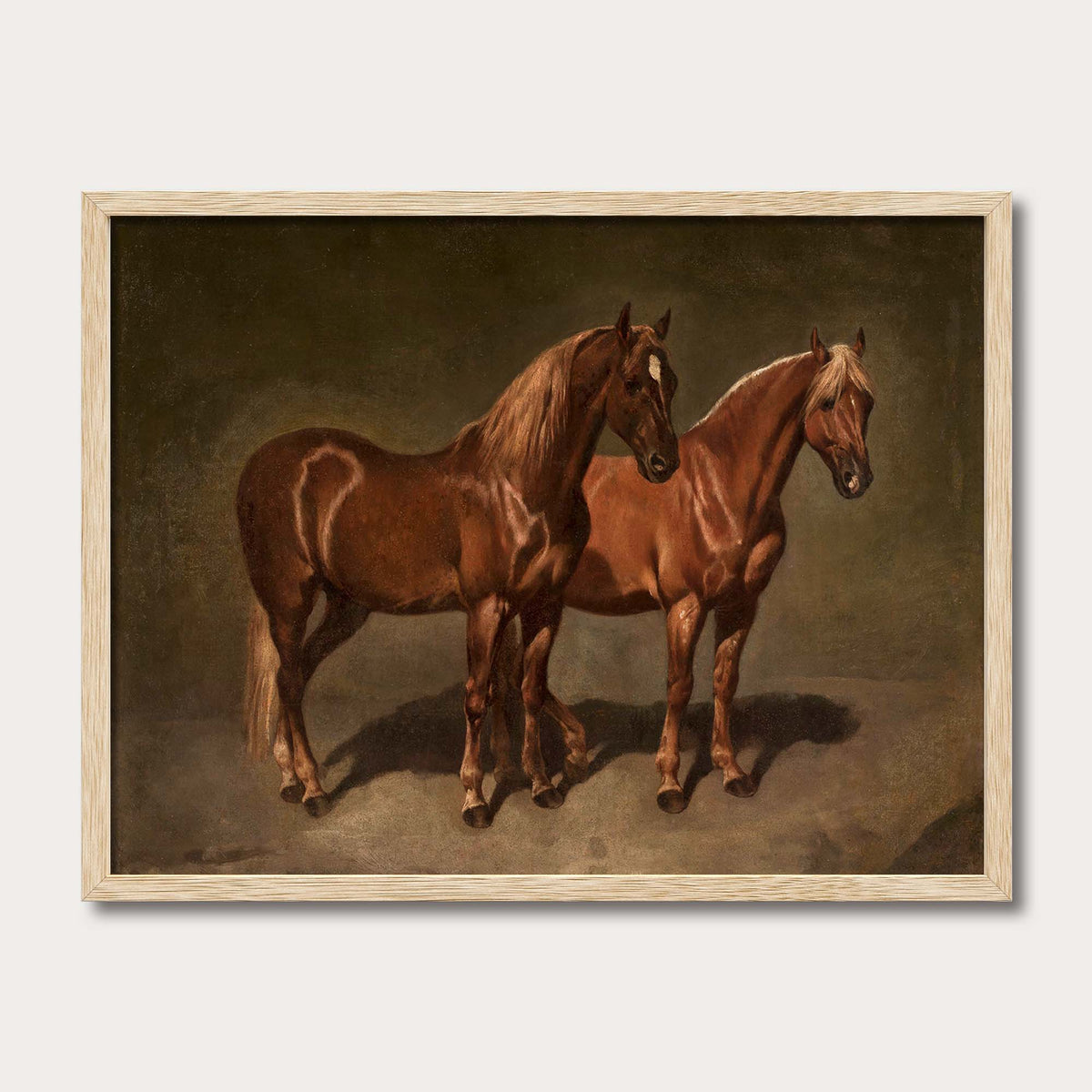 Vintage chestnut horses oil painting art print in a natural solid oak frame, made in the US, Avery Home