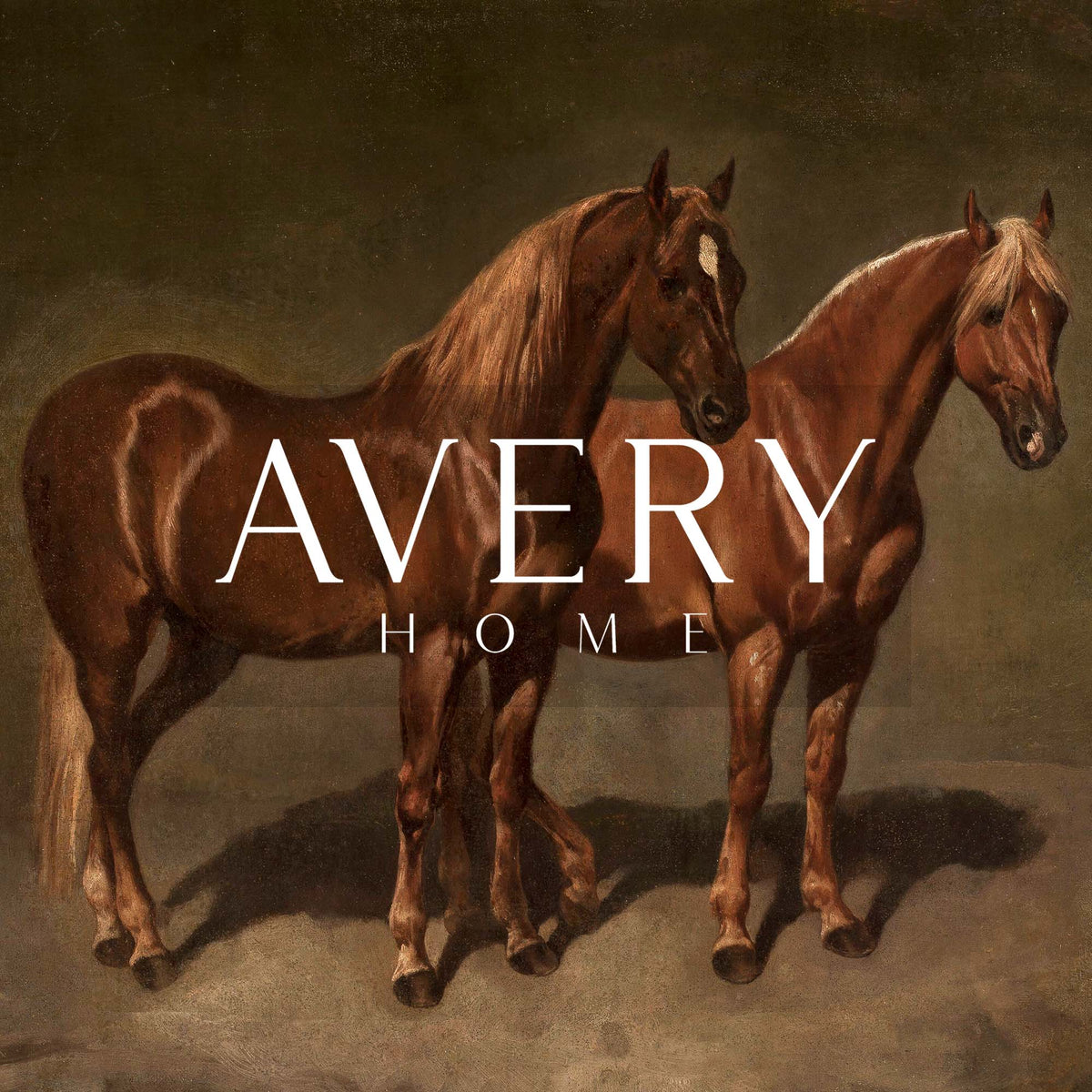 Unframed vintage oil painting art print of two chestnut horses in a warm, earthy palette, Avery Home