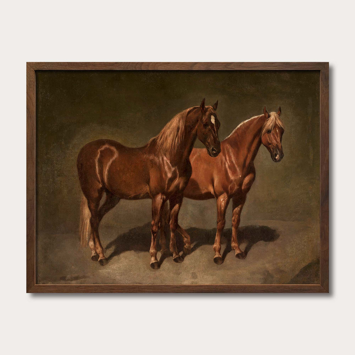 Vintage oil painting art print of two chestnut horses in a walnut solid oak frame, Avery Home