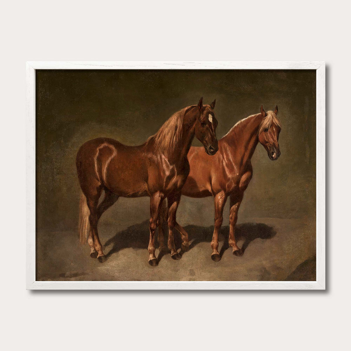 Vintage oil painting art print of two chestnut horses in a white solid oak frame, Avery Home