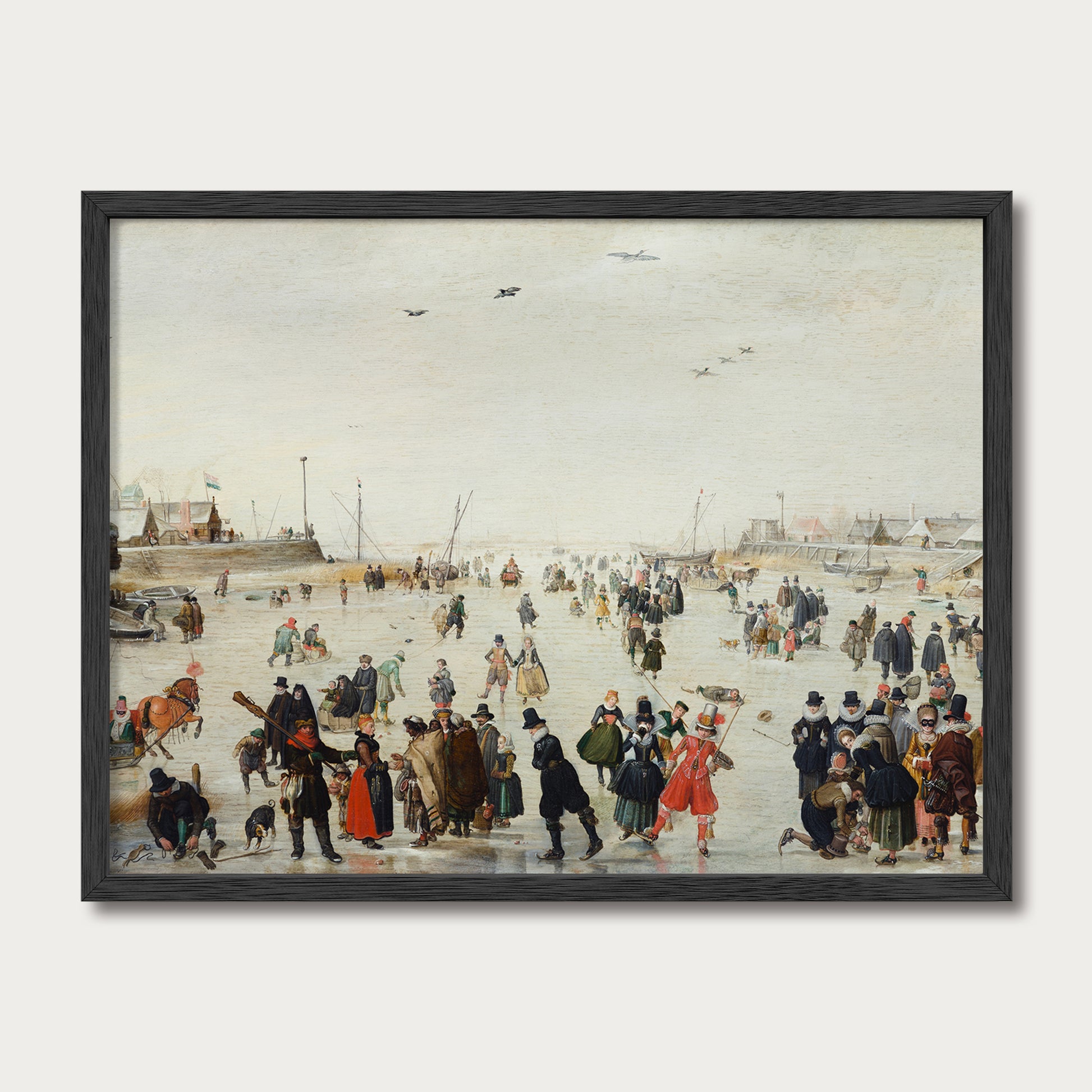 Vintage ice skating scene art print with crowds skating on a frozen shoreline, available unframed or with oak frame — Avery Home.