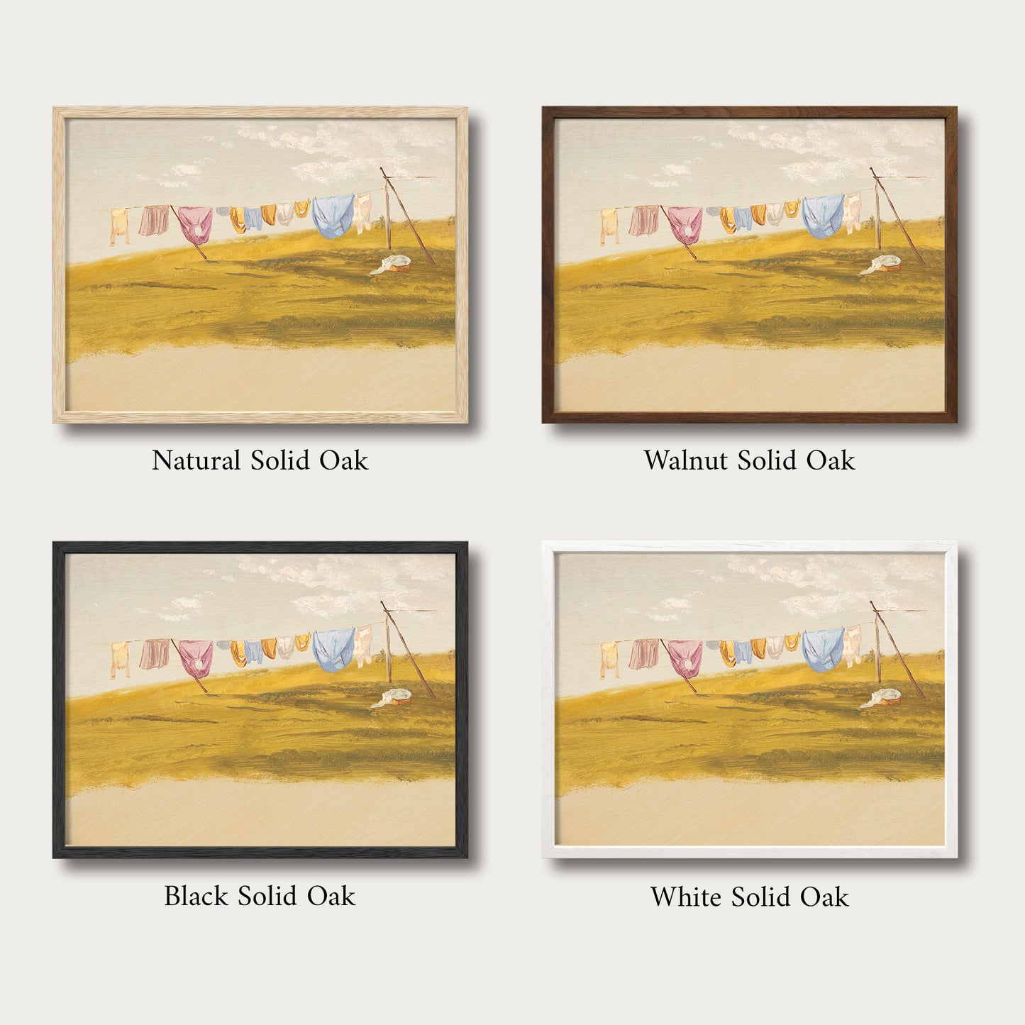 Vintage farmhouse laundry room wall art available in natural oak, walnut, black, and white handcrafted solid wood frames to complement cottage, farmhouse, and traditional interiors.