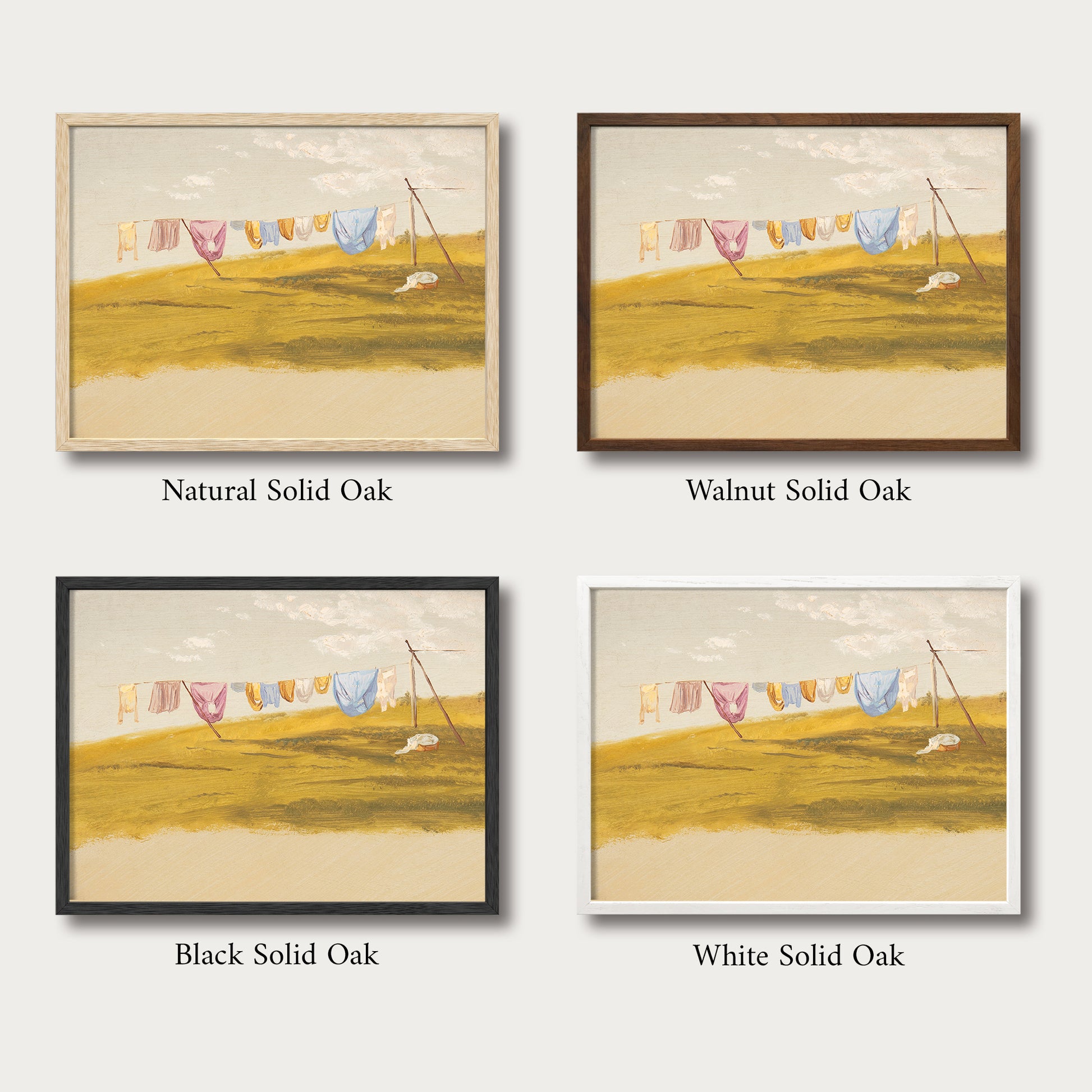 Vintage farmhouse laundry room wall art available in natural oak, walnut, black, and white handcrafted solid wood frames to complement cottage, farmhouse, and traditional interiors.