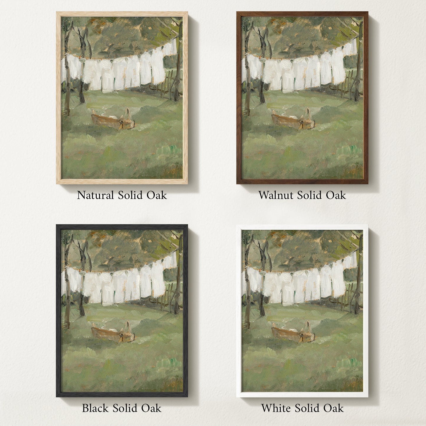 Vintage countryside laundry room wall art available in natural oak, walnut, black, and white handcrafted solid wood frames to suit farmhouse, cottage, French country, and traditional interiors.