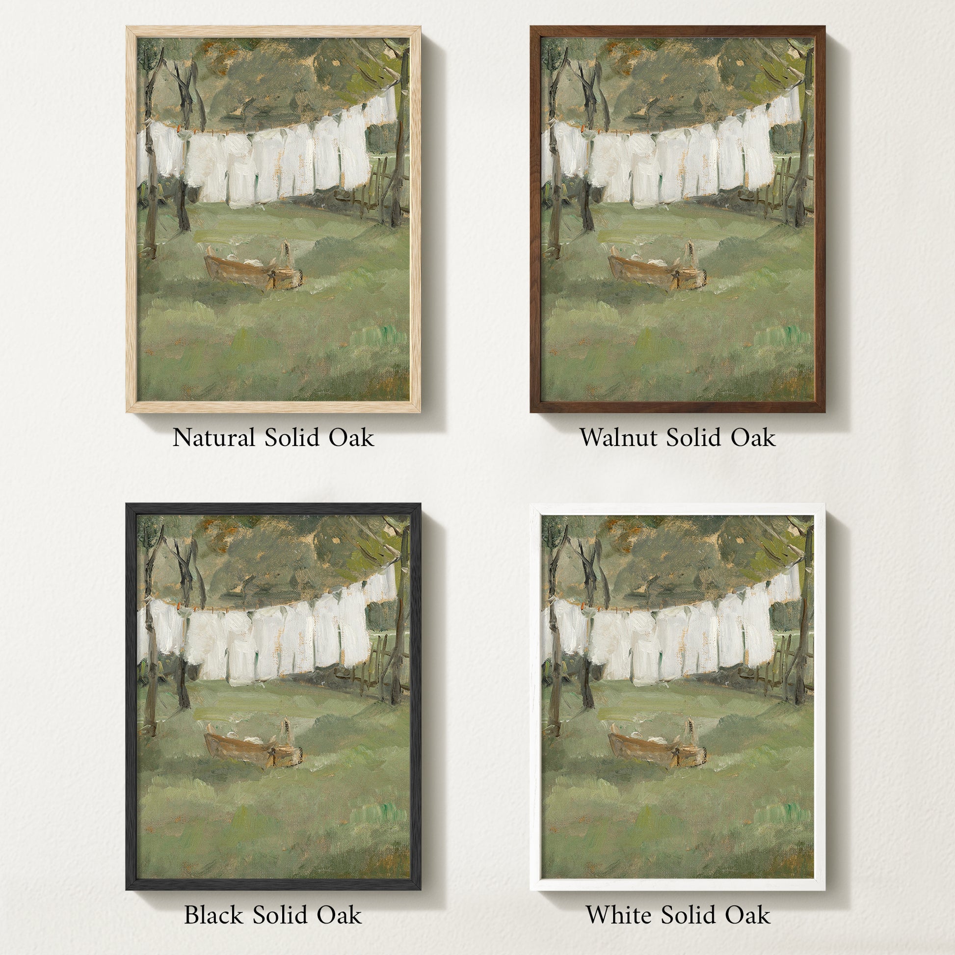 Vintage countryside laundry room wall art available in natural oak, walnut, black, and white handcrafted solid wood frames to suit farmhouse, cottage, French country, and traditional interiors.