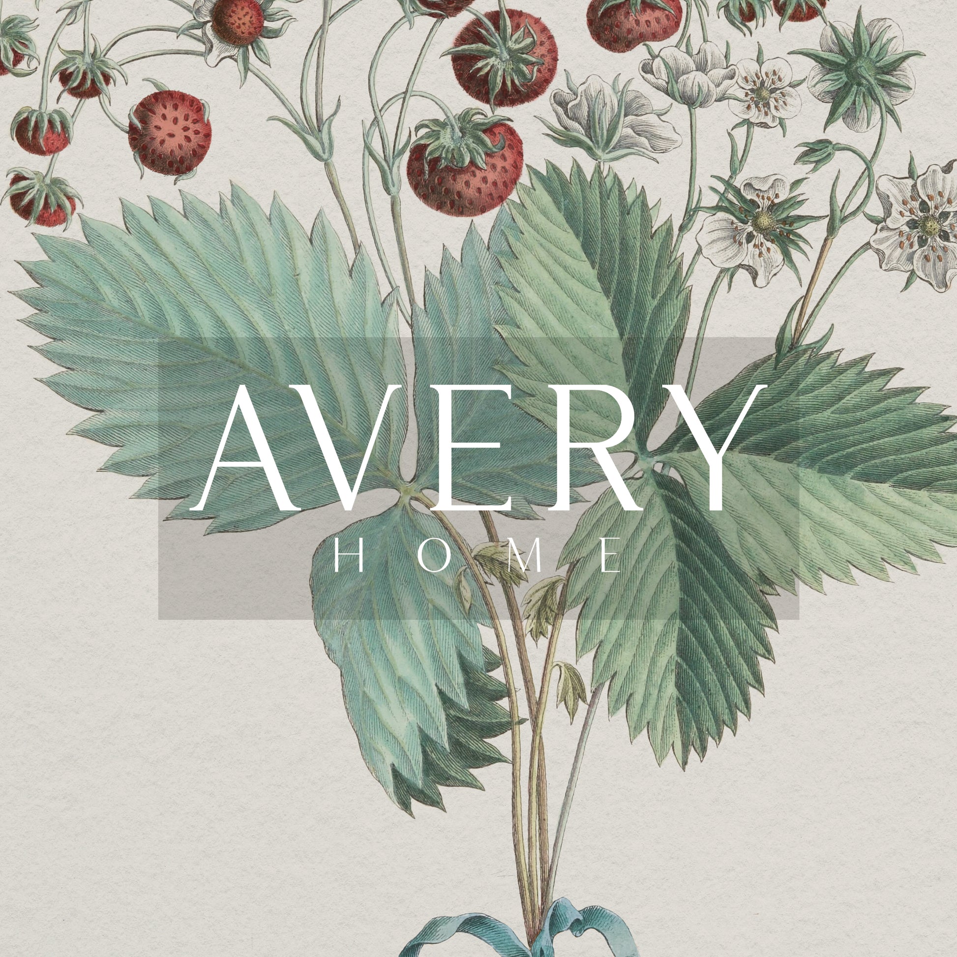 Vintage strawberry botanical art print featuring ripe red berries, green leaves, and delicate white blossoms tied with a teal ribbon.