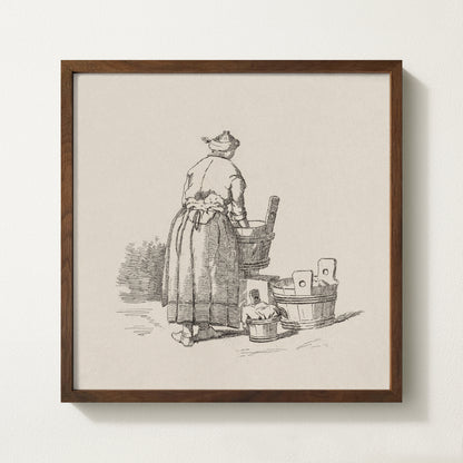 Framed vintage laundry sketch art print depicting a woman standing at wooden wash tubs in traditional attire.