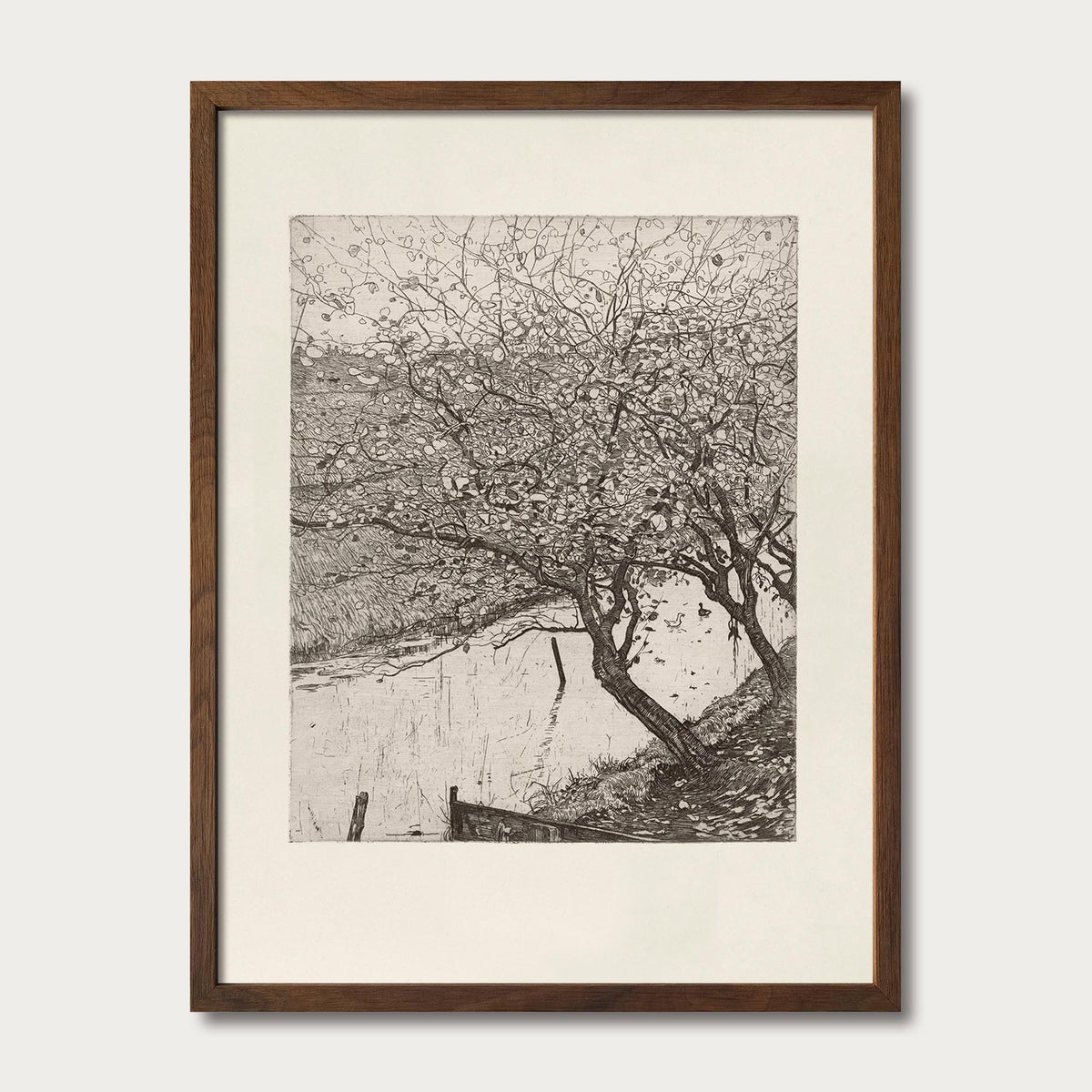 Antique black-and-white tree illustration in a walnut oak frame, a classic choice for traditional living room wall art.