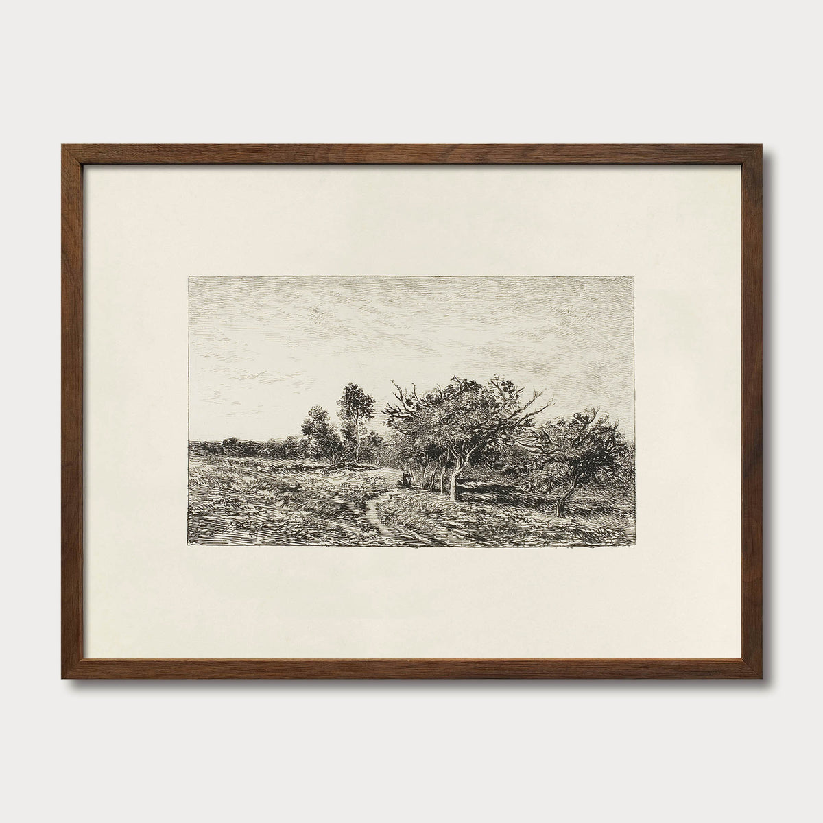 Vintage pastoral landscape artwork in a walnut oak frame, suited to traditional living rooms and farmhouse decor.
