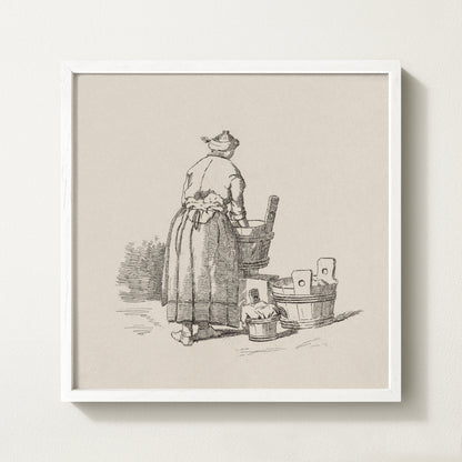 Framed vintage laundry sketch art print depicting a woman standing at wooden wash tubs in traditional attire.