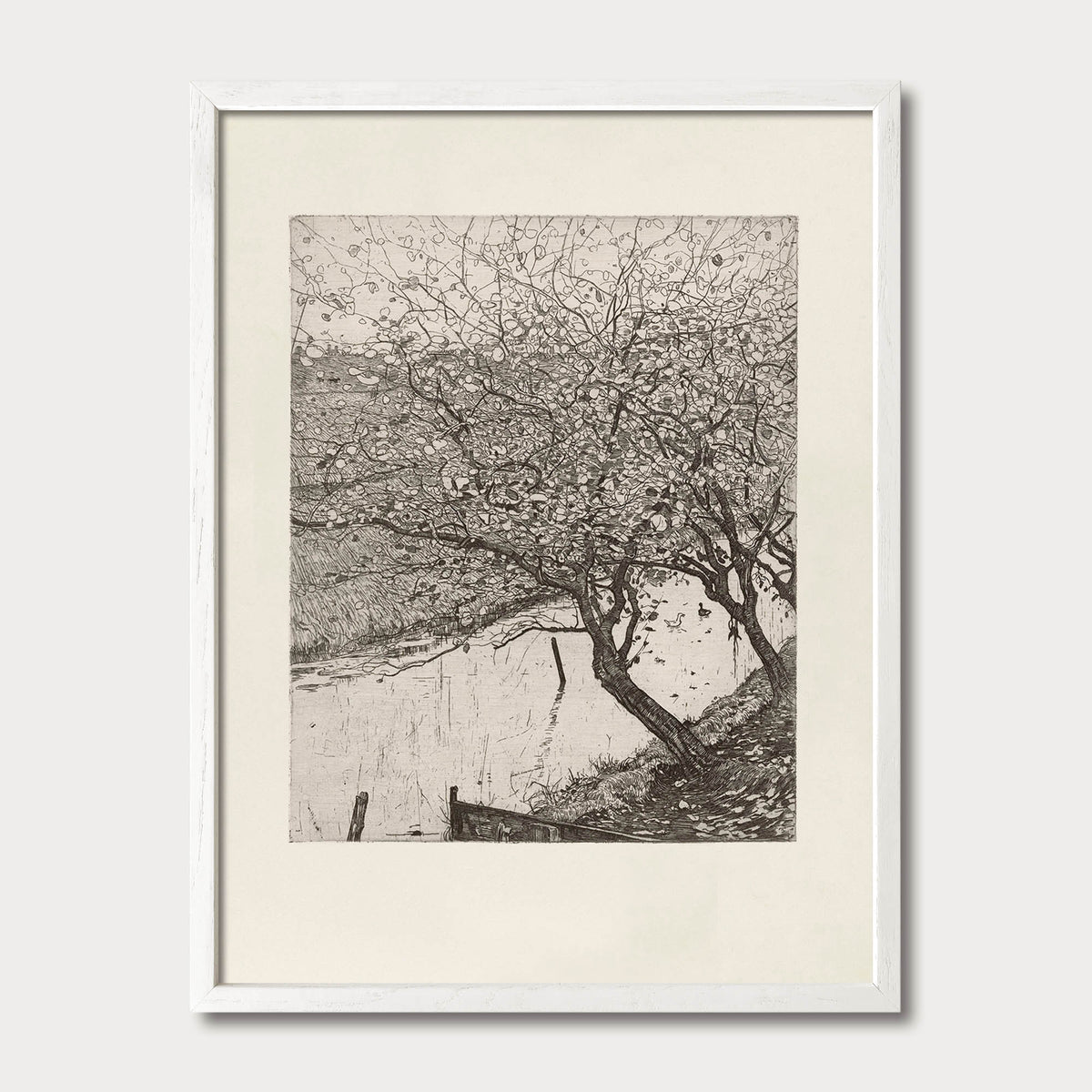 Vintage botanical tree etching in a white oak frame, suitable for farmhouse gallery walls and neutral interiors.